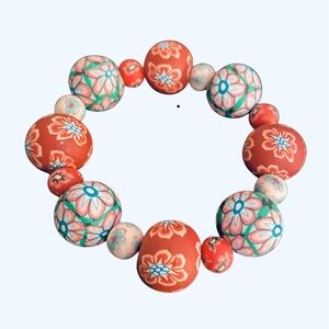 Handmade Shagadelic Fimo Clay Polymer Stretch Bracelet With Floral Pattern